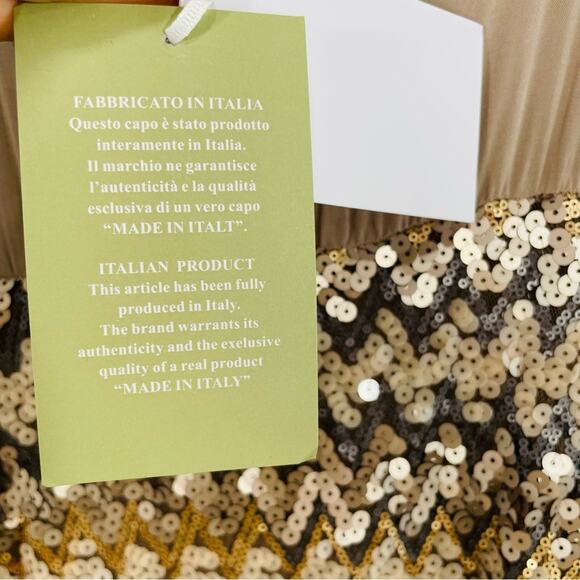 NWT Sarah Tempest Tan Sequin & Ruffle High Low Midi Dress Medium Lagenlook - Picture 9 of 14